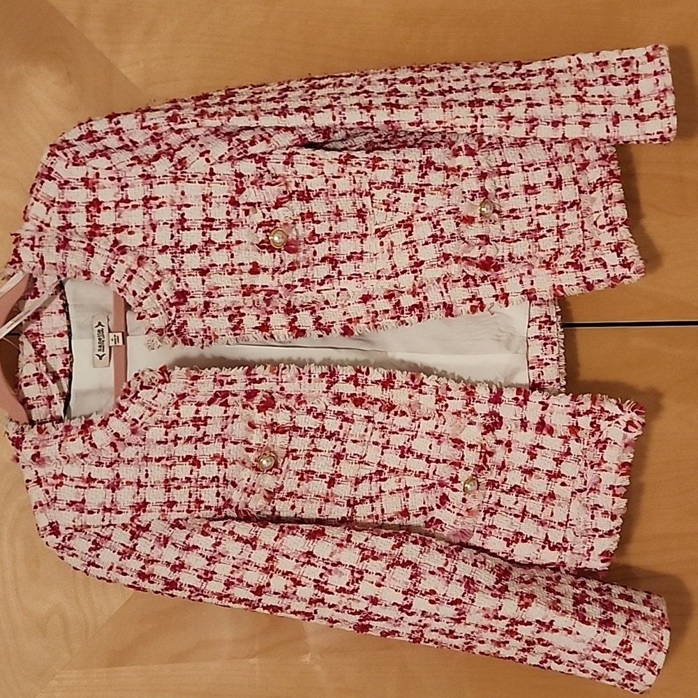 Nanette Lepore Red & White Tweed Fringe Jacket with Pearl Buttons
